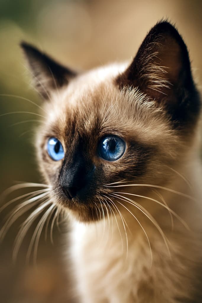 45度の角度から撮影されたシャム猫の仔猫の顔の超接写写真。柔らかな自然光に照らされ、青く澄んだ好奇心に満ちた瞳と繊細な白いひげが際立つ。背景は暖色系のボケでぼかされ、毛並みの質感や顔の立体感が鮮明に描写されている