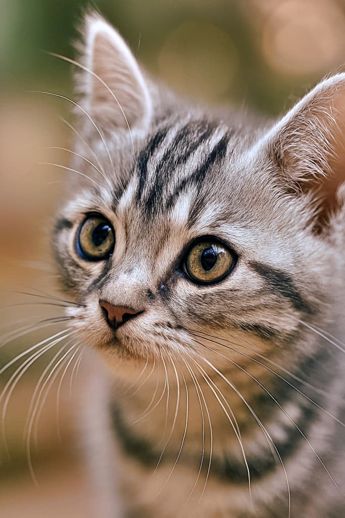 斜め45度から撮影された銀色の縞模様を持つアメリカンショートヘアの子猫の顔の超接写写真。柔らかな自然光の中で、好奇心に満ちた大きな瞳と繊細な白いひげが際立ち、背景はクリーミーなボケで美しくぼかされている