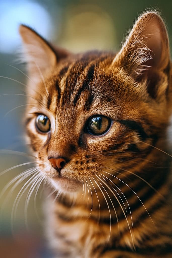 45度の角度から撮影されたトイガー子猫の顔の超接写写真。柔らかな自然光に照らされ、好奇心に満ちた大きな瞳と繊細な白いひげが際立つ。茶色のマッカレルタビー模様の毛並みは鮮明で、背景はぼかされたボケ効果により子猫の表情が際立っている