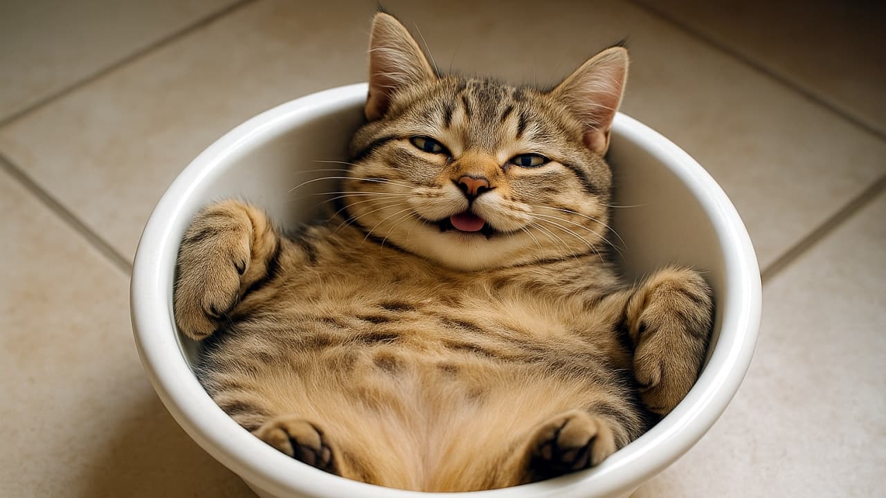 白いボウルに収まって仰向けに寝る茶トラ猫。舌を少し出したユーモラスで愛らしい表情。/ A tabby cat lying on its back inside a white bowl, tongue slightly sticking out, creating a humorous and endearing scene.