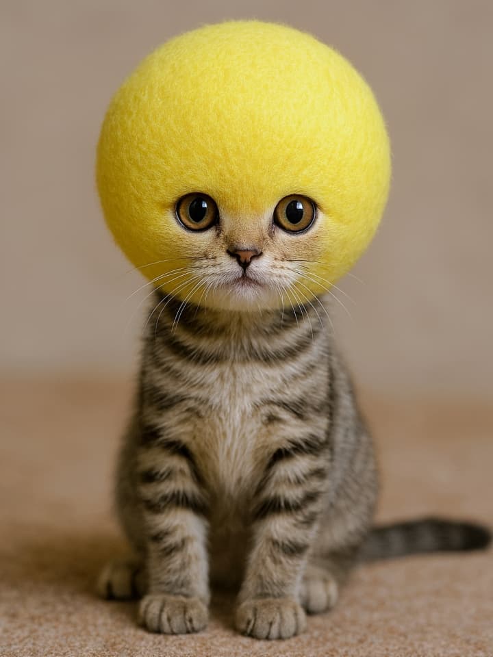 頭がテニスボールのようにまん丸な子猫が、淡いベージュのカーペットの上にちょこんと座っている。体はアメリカンショートヘア風の細身で、グレーの縞模様が入っている。大きな金色の瞳でこちらをじっと見つめている