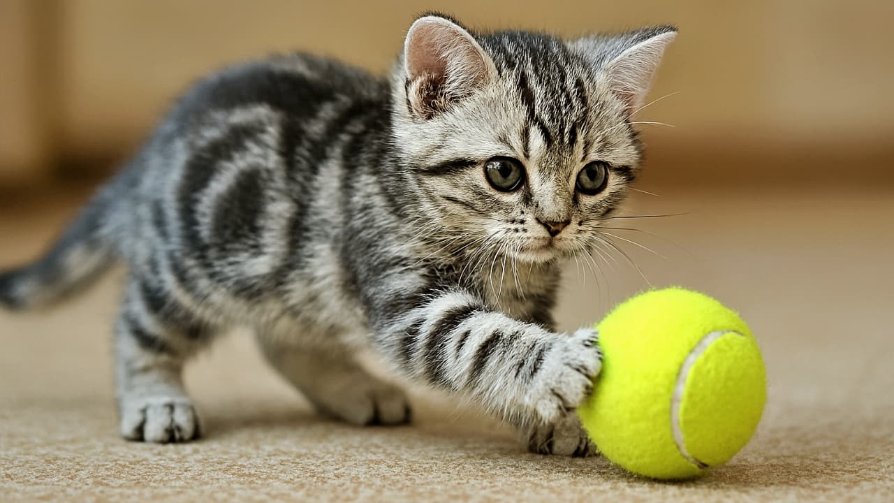A tabby kitten with wide eyes reaches out to touch a yellow tennis ball on a beige carpet. 目を見開いたトラ柄の子猫が、ベージュのカーペットの上で黄色いテニスボールに手を伸ばしている