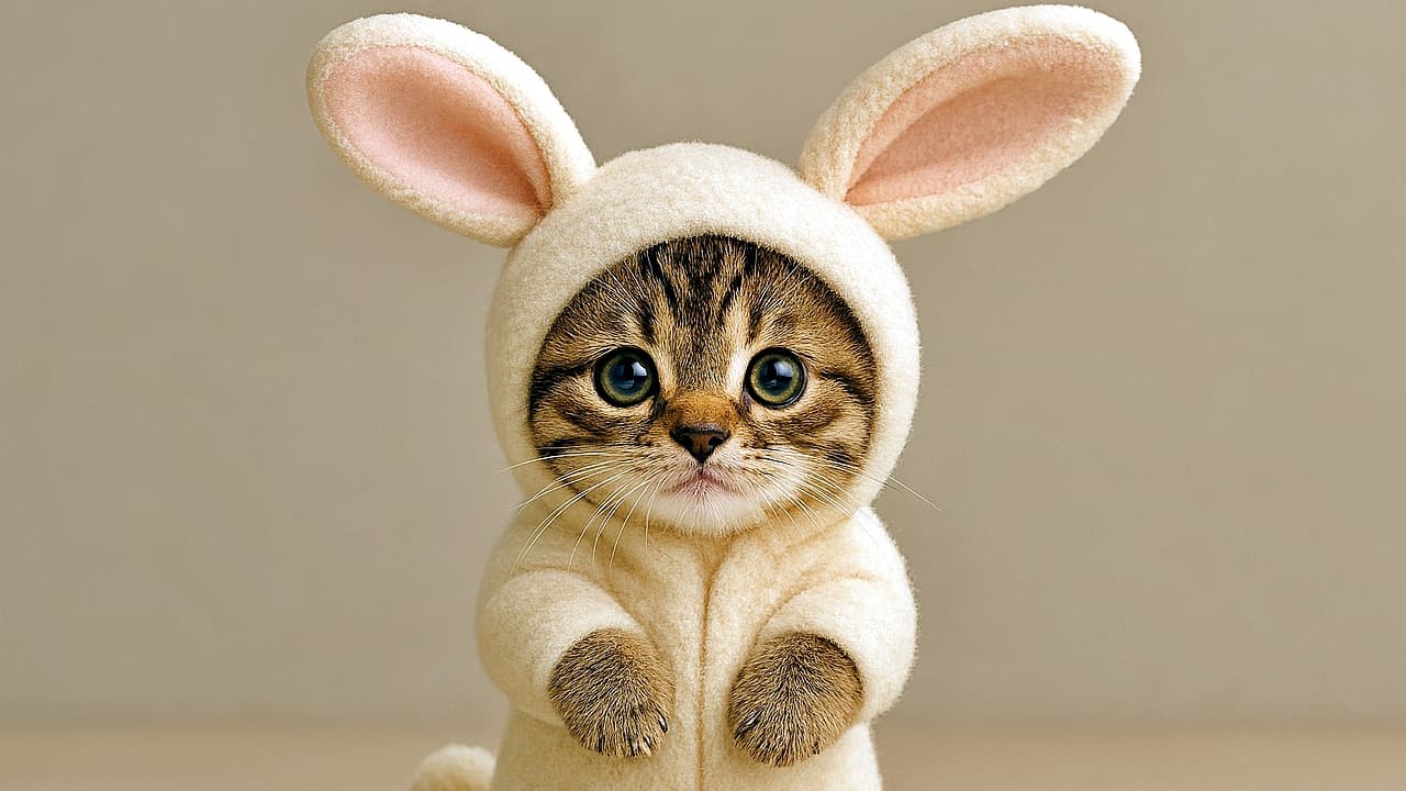 photorealistic tabby kitten in cream bunny costume with floppy ears and fluffy tail, standing upright, horizontal layout 写実的なタビー子猫がクリーム色のウサギ衣装を着て、垂れ耳とふわふわのしっぽ付きで直立、横長構図
