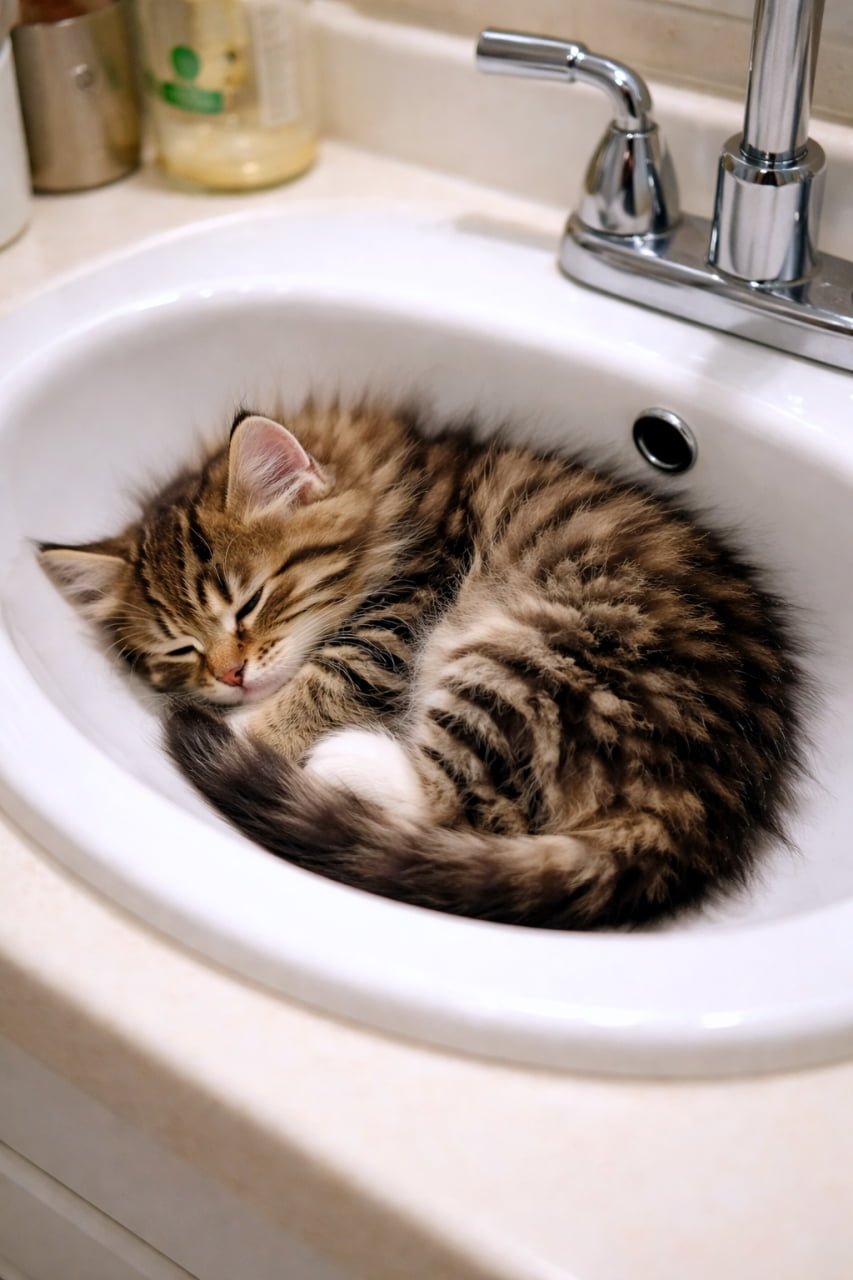 「シンクにすっぽりフィット🐈💤 まるで専用ベッドみたい!天使の寝顔に心までとろけちゃいますね💕 #子猫 #癒やし #猫のいる暮らし」An ultra-realistic high-quality photograph of a fluffy brown tabby kitten perfectly fitting into a white bathroom sink, curled up and fast asleep. The kitten's soft fur and a small white paw are highly detailed. A chrome faucet and a blurred bottle in the background add a cozy, everyday lifestyle feel. 白い洗面台のシンクの中にすっぽりと収まり、体を丸めてぐっすり眠っているキジトラ(ブラウンタビー)の子猫の写真。柔らかなふさふさの毛並みや、ちょこんと見えている白い足先が詳細に描写されている。背景にはクローム仕上げの蛇口やボトルが写っており、日常の中の温かい一コマを表現している