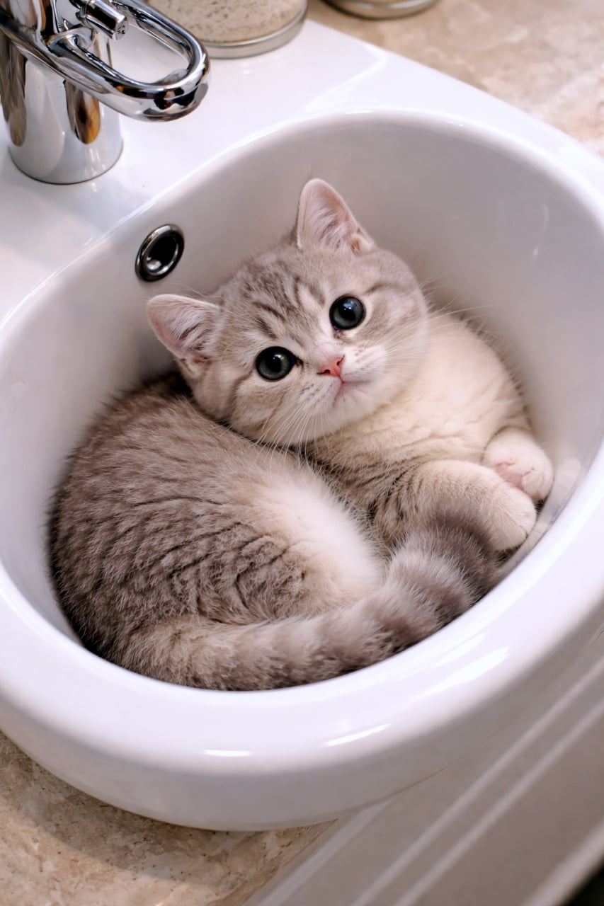 「洗面台にぴったりフィット🐈💧 まるで液体のように収まった姿がたまらない💕 この上目遣いにキュン! #猫 #子猫 #癒やし #猫のいる暮らし」An ultra-realistic high-quality photograph of a tiny British Shorthair kitten curled up snugly inside a white ceramic bathroom sink. The kitten's round, striped body perfectly conforms to the shape of the bowl. It is looking directly up at the camera with large, curious, dark eyes. A chrome faucet is visible in the background, set in a bright, clean bathroom. 白いセラミック製の洗面台の中にぴったりと丸まって収まっている、小さなブリティッシュショートヘアの子猫の写真。猫はシルバーの縞模様で、丸い体がシンクのカーブに完璧に沿っている。大きな丸い瞳でカメラを真っ直ぐに見上げている。背景にはクロームの蛇口が写っており、明るく清潔なバスルームの雰囲気