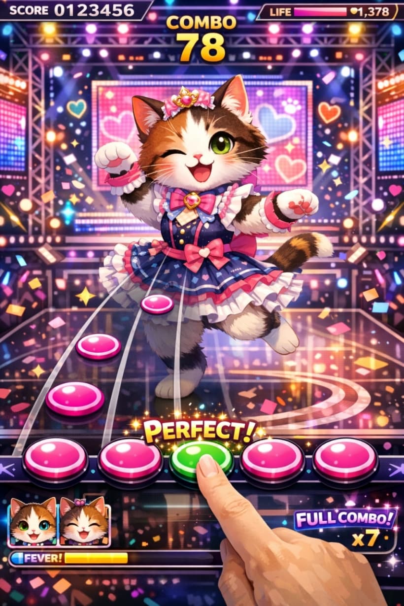 「まるで本物の音ゲー⁉️ 推し猫アイドルを縦画面で独り占めできちゃう、夢のようなプレイ画面です🐈💖」Ultra-realistic high-quality photograph of a calico cat idol performing on a glamorous stage. Portrait-style smartphone rhythm game interface featuring pink notes, a "PERFECT!" indicator, and a human finger tapping the screen. 華やかなライブステージでポーズを決めて踊る三毛猫のアイドル。スマートフォンの縦型リズムゲーム画面を模しており、ピンクのノーツや「PERFECT!」という文字、画面をタップする指の様子がリアルに描写されている