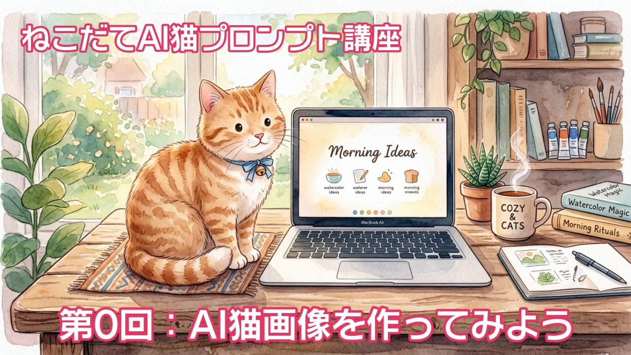 「朝の光と猫に癒やされて、クリエイティブな時間✨。水彩画とパソコンで、新しいアイデアを」A charming watercolor illustration. A cute orange tabby cat with a blue bowtie sits on a small patterned rug beside an open laptop on a rustic wooden desk. The laptop screen displays "Morning Ideas". Next to it are a steaming mug with "COZY & CATS" text, a stack of books, succulent plants, watercolor painting supplies, and a notebook. A large window behind overlooks a garden under soft morning light, creating a warm and cozy atmosphere. 柔らかな水彩画イラスト。青いリボンをつけたかわいい茶トラ猫が、木製デスクの上、ノートパソコンの隣の小さなラグに座っている。パソコン画面には「Morning Ideas」と書かれ、横には「COZY & CATS」と書かれた湯気の立つマグカップ、本、観葉植物、水彩絵の具一式、スケッチブックが並ぶ。後ろの大きな窓からは朝の光に包まれた庭園が見え、温かく心地よい雰囲気が漂う