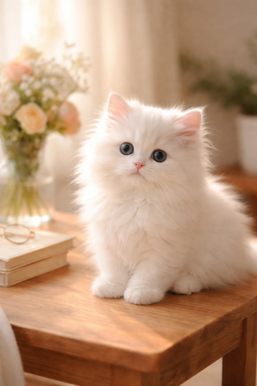 A fluffy white kitten with blue eyes sitting on a wooden table in soft warm light, with books and a flower vase in the background. やわらかな光に包まれた木製テーブルの上に座る、青い目の白くふわふわした子猫。背景に本と花瓶