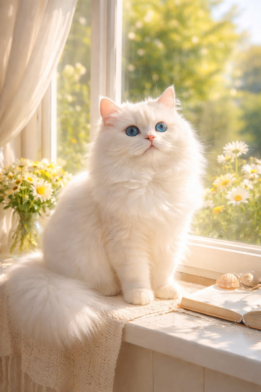 A fluffy white Persian cat with blue eyes sitting on a sunlit windowsill, surrounded by flowers and a book in a warm, cozy atmosphere. やわらかな日差しが差し込む窓辺で、花と本に囲まれて座る青い瞳のふわふわ白いペルシャ猫