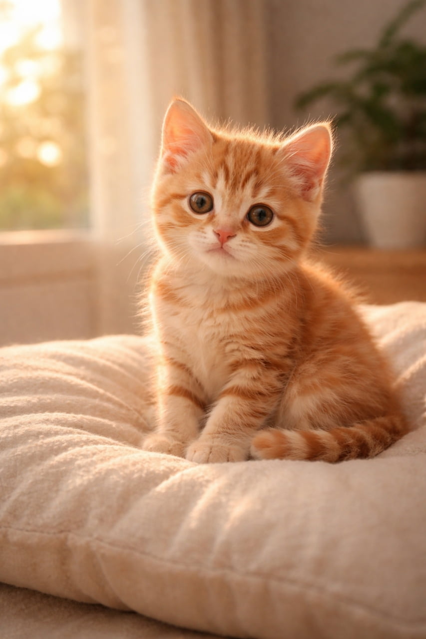 A cute orange tabby kitten sitting on a soft cream cushion, bathed in warm natural light from a nearby window, with gentle shadows and a cozy indoor atmosphere. やわらかな自然光が差し込む室内で、クリーム色のクッションの上に座る可愛い茶トラの子猫。暖かく落ち着いた雰囲気