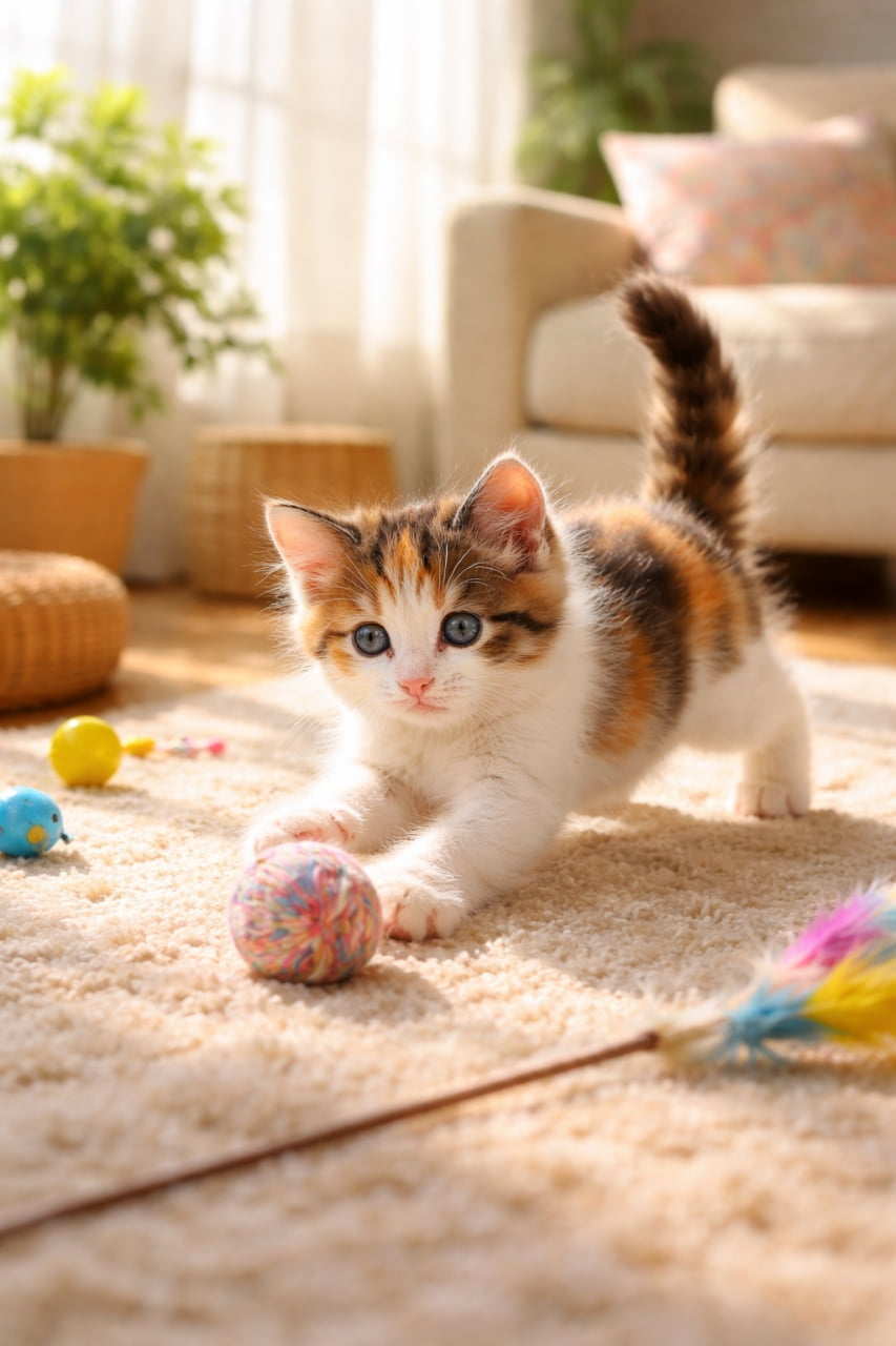 A playful calico kitten batting a colorful yarn ball on a soft carpet in a sunlit living room, surrounded by small toys and warm natural light. 日差しが差し込むリビングで、柔らかいカーペットの上でカラフルな毛糸玉にじゃれつく三毛の子猫。周りには小さなおもちゃが散らばっている