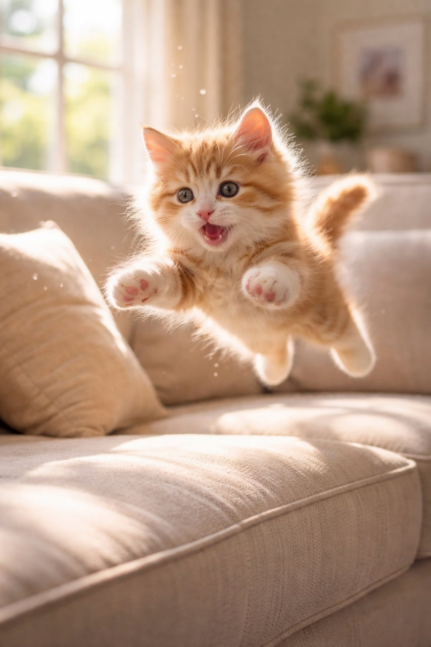 A fluffy orange and white kitten mid-air, playfully jumping onto a soft beige sofa in a sunlit living room, with warm light highlighting its fur and joyful expression. ふわふわのオレンジと白の子猫が、日差しの差し込むリビングでベージュのソファに向かって元気にジャンプしている様子