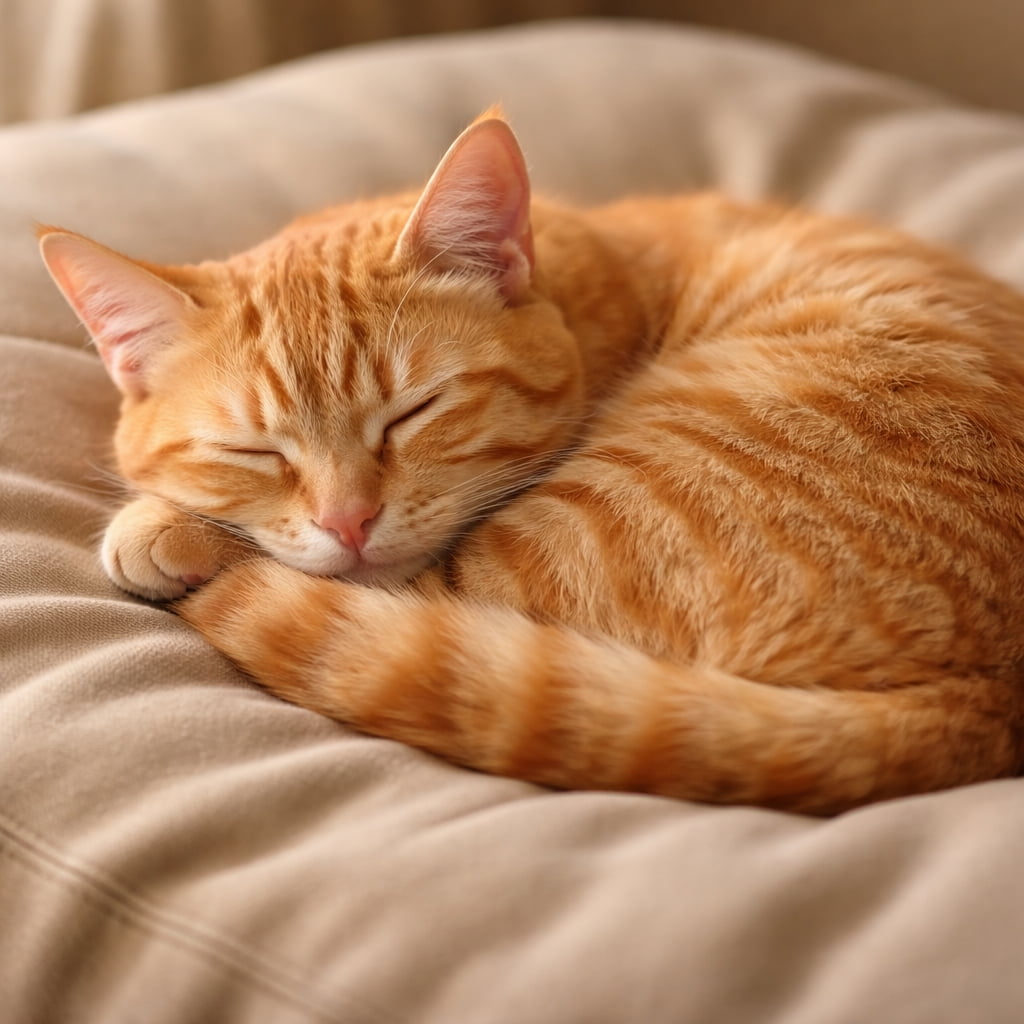 A sleepy orange tabby cat curled up tightly on a soft beige cushion, resting peacefully with its tail wrapped around its body in warm, gentle lighting. 柔らかいベージュのクッションの上で体を丸め、しっぽを巻きつけて気持ちよさそうに眠る茶トラ猫。暖かい光に包まれた穏やかなシーン