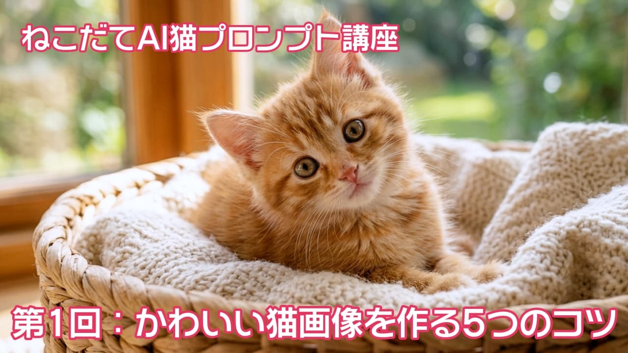 「窓辺のバスケットで小首を傾げる茶トラちゃん🌿 大きな瞳に見つめられたら、もうメロメロ間違いなし！😍✨」Ultra-realistic high-quality photograph portrait of an adorable orange tabby kitten sitting on a soft knit blanket inside a wicker basket by a window. The kitten is tilting its head and staring directly at the camera. Natural light filters through the soft bokeh background of green foliage. 窓辺の籐製バスケットの中に敷かれた柔らかいニット毛布の上で、小首を傾げてカメラをじっと見つめる、非常に愛らしい茶トラ（オレンジタビー）の子猫の高品質ポートレート。背景は自然光が差し込む緑のボケ