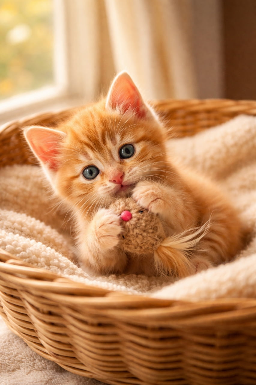 A photorealistic 6-week-old orange tabby kitten with blue eyes playing with a small toy inside a cozy basket by a sunlit window, soft warm lighting. 窓辺のやわらかな光の中、かごの中で小さなおもちゃと遊ぶ青い目の生後6週間の茶トラ子猫のフォトリアルな写真