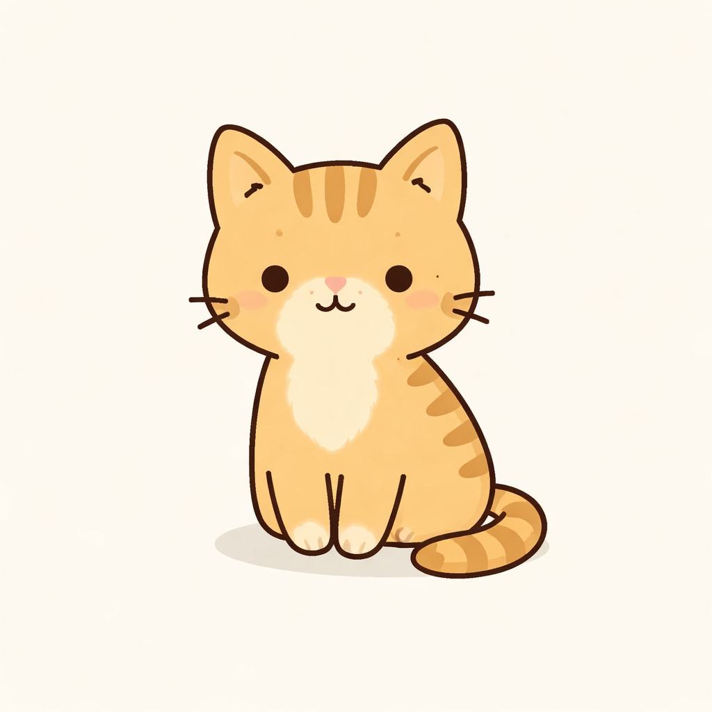 A simple, minimal illustration of an orange tabby cat sitting on a plain light background, with clean lines and soft colors. シンプルな線とやさしい色で描かれた、無地の背景に座る茶トラ猫のミニマルなイラスト