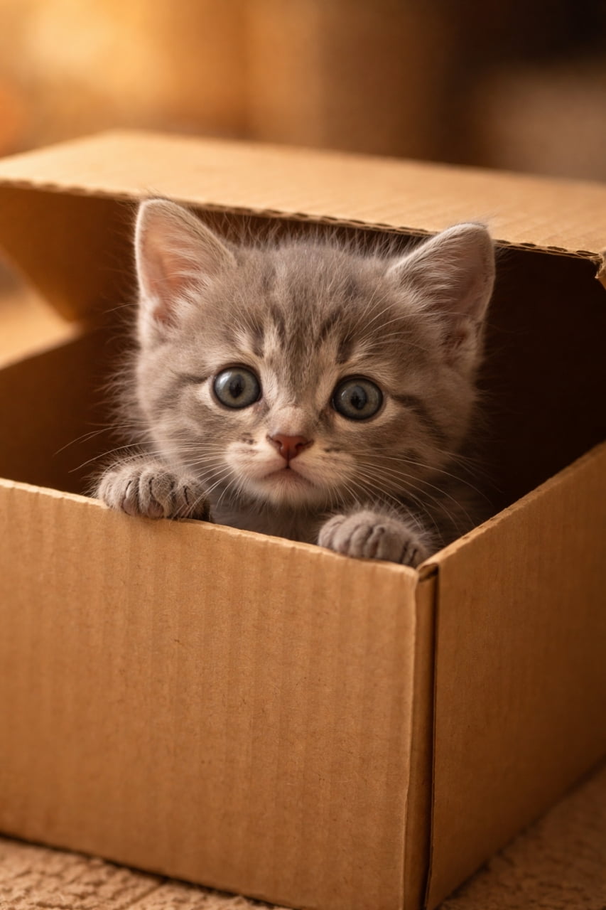 A tiny gray kitten with big round eyes peeking out from a cardboard box, resting its paws on the edge, in soft warm lighting. 大きな丸い目の小さなグレーの子猫が、段ボール箱から顔を出し、縁に前足をかけて覗いている様子。やわらかい暖色の光