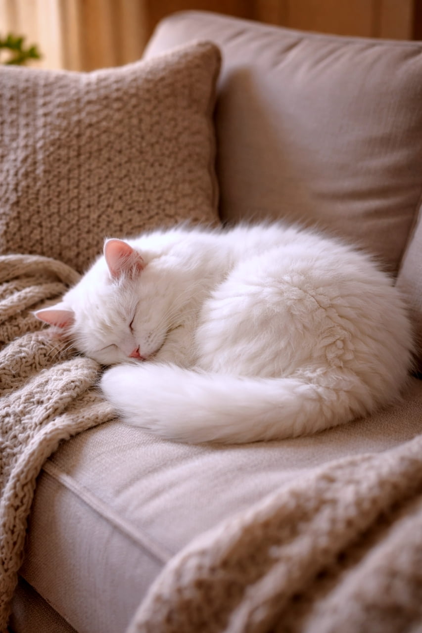 「ソファで丸まってお昼寝中💤マシュマロみたいな真っ白でふわふわな寝姿に、心から癒やされますね🤍✨」Ultra-realistic high-quality photograph of a fluffy white cat sleeping curled up on a cozy beige sofa under soft lighting. 柔らかな光が差し込む部屋で、肌触りの良さそうなベージュのソファとクッションの上で丸くなってすやすやと眠っている、ふわふわな白猫の超高画質写真