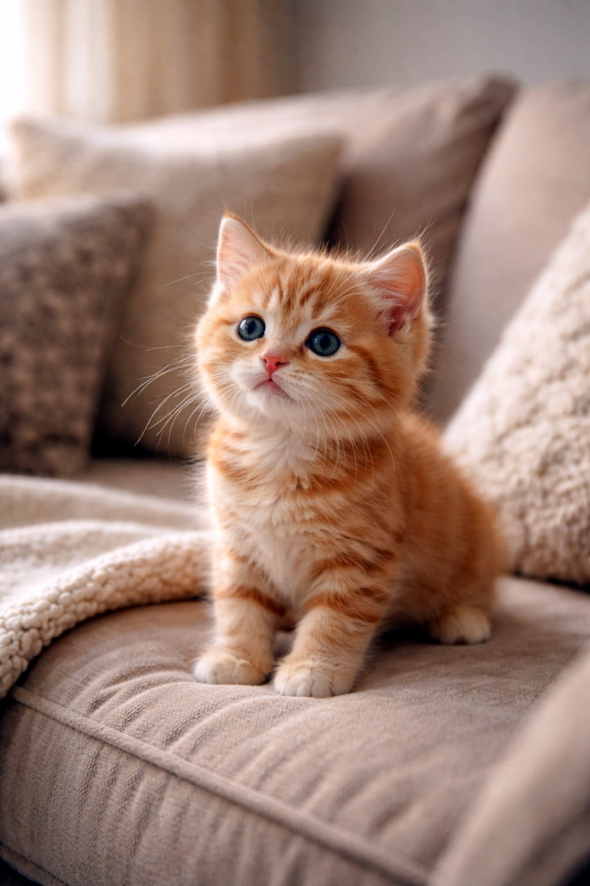 「「何があるのニャ?」👀✨好奇心いっぱいで見上げる茶トラ子猫ちゃんの上目遣いに胸キュンですね🐈💕」Ultra-realistic high-quality photograph of an orange tabby kitten sitting on a cozy sofa, looking up curiously under soft lighting. 柔らかな光の中、ベージュの快適そうなソファの上にちょこんと座り、好奇心旺盛な丸い瞳で上を見上げている茶トラの子猫の超高画質写真