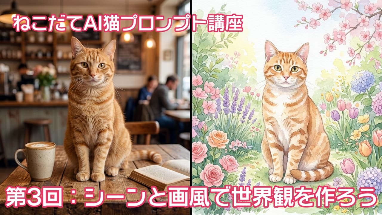 「リアルなカフェ猫☕️と水彩画のお花見猫🌸 1枚で2度おいしい、茶トラ猫の全く違う表情に癒やされます🐈✨」A high-detail split-screen image showing two completely different styles of the same orange tabby cat. The left side is a photorealistic photograph of the cat sitting on a rustic wooden table with a coffee cup and an open book in a cozy vintage cafe under warm lighting. The right side is a soft, pastel-colored watercolor illustration of the same cat sitting in a blooming spring flower garden. A beautiful composition perfectly contrasting realism and watercolor illustration. 画面が左右に分割された画像。左側は、温かい照明に包まれたヴィンテージカフェの木製テーブルに座る茶トラ猫のフォトリアリスティックな写真（コーヒーカップと開かれた本が添えられている）。右側は、桜やチューリップなど春の花が咲き誇る庭園に座る同じ茶トラ猫の柔らかな水彩画イラスト。1匹の猫を、写実的な写真とパステル調のイラストという全く異なる2つのスタイルで美しく対比させた高精細な情景