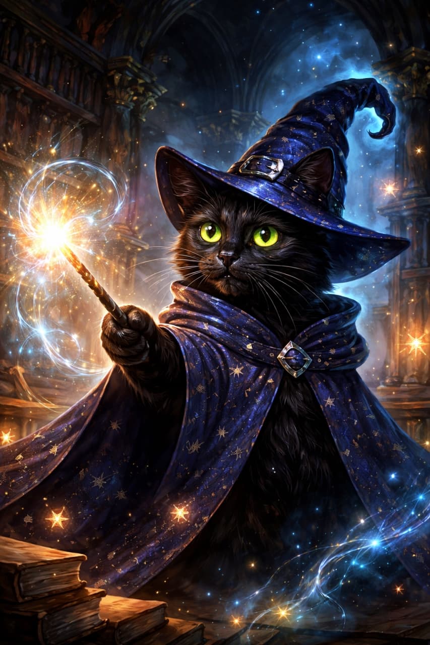 「魔法の呪文を勉強中かな？🪄📖 光る本と黒猫ちゃんの組み合わせがとってもミステリアスです🐈‍⬛✨ #黒猫 #魔法使い」Ultra-realistic high-quality photograph of a black cat wearing a wizard hat in a mystical library, surrounded by glowing magical books and potion bottles. 魔法使いの帽子を被った黒猫が、光り輝く魔法の本や薬瓶に囲まれた神秘的な図書館にいる高品質なファンタジー写真