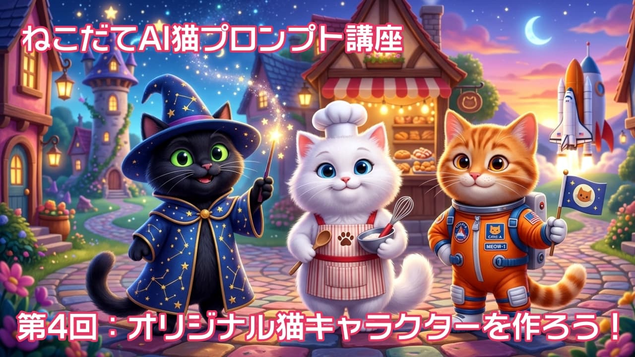 「魔法、パン屋、宇宙へ！🚀 3匹の猫キャラクターが大集合。夢と冒険のピクサー風アニメーション🐾✨」A colorful and highly detailed 3D animated (Pixar style) illustration of three cute cat characters standing side-by-side on a rainbow cobblestone path at dusk. On the left, a smiling black cat wizard in a starry blue cloak and hat holds a glowing wand. In the center, a fluffy white cat chef in a toque and apron holds a bowl and whisk. On the right, an orange tabby cat astronaut in a detailed orange spacesuit holds a small cat-paw flag near a launching rocket. The background is a fantastical village blending magic and science, under a starry gradient sky with a moon, lined with colorful flowers. 虹色の石畳の道を歩く、3匹の愛らしい3Dアニメーション（ピクセル風）の猫キャラクターが横一列に並んでいる、カラフルで詳細なイラスト。左側には、星柄の青いクロークと帽子をかぶり、光る杖を持つ、笑顔の黒猫の魔法使い。中央には、シェフのトーク帽とエプロンを着用し、ボウルと泡立て器を持つ、ふわふわの白猫のシェフ。右側には、詳細なオレンジ色の宇宙服を着て、猫の足跡の旗を持ち、打ち上げ準備中のロケットの近くに立つ、オレンジトラ猫の宇宙飛行士。背景は、魔法と科学が融合した幻想的な村で、月と星空の下、花が咲き乱れている情景