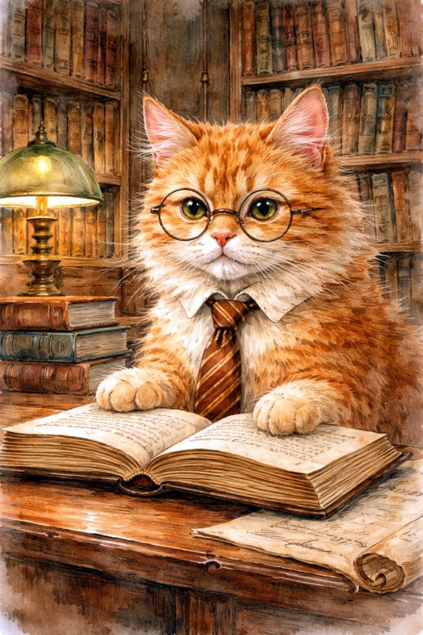 「魔メガネ姿がとってもお似合い👓✨ 読書に夢中な賢い茶トラ先生です🐈📖 #読書猫 #茶トラ」Ultra-realistic high-quality photograph of an orange tabby cat wearing round glasses, reading an open book in a classic study with blurred bookshelves in the background.　クラシックな書斎で丸メガネをかけ、開いた本を熱心に読んでいる茶トラ猫の高画質写真。背景にはたくさんの本が並んだ本棚がボケて写っている