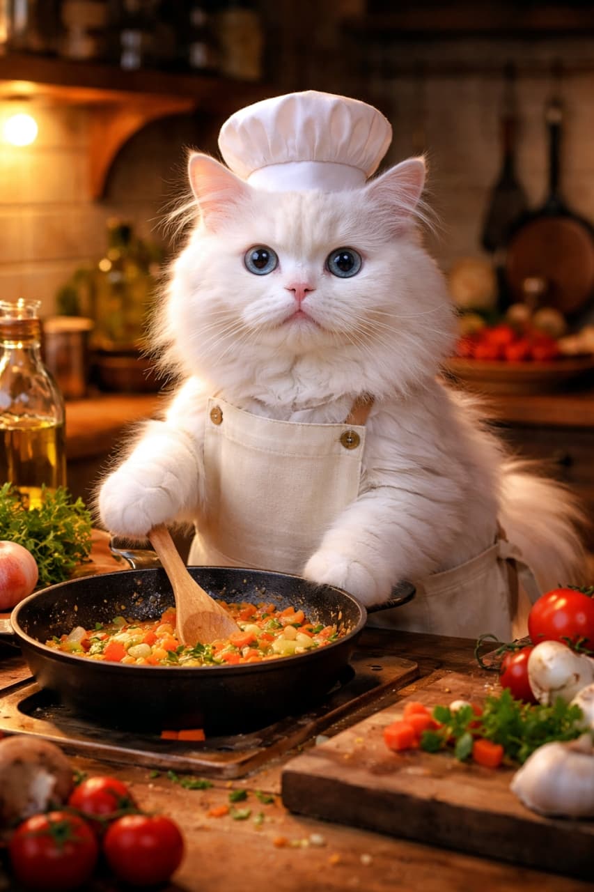 「今日のディナーは何にするニャ？🍽️ コック帽がバッチリ決まった白猫シェフの登場です🤍🥬 #猫シェフ #白猫」Ultra-realistic high-quality photograph of a white cat wearing a chef's hat, standing in front of fresh vegetables and cooking ingredients in a kitchen. コック帽を被った白猫が、キッチンで新鮮な野菜や料理の材料の前に立ち、調理をしているような姿を捉えた高画質写真