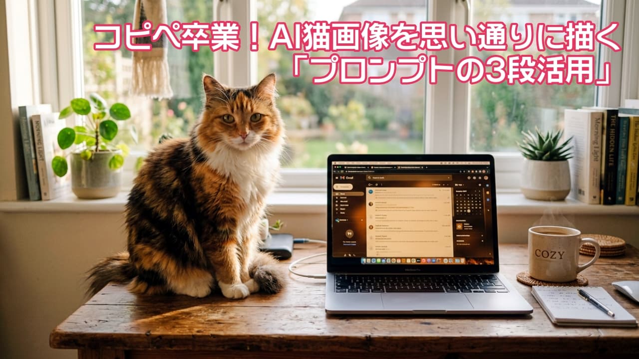 「窓辺のデスクで三毛猫ちゃんとリモートワーク🐾💻 庭の緑と暖かい光に包まれて、"COZY"なマグカップでコーヒータイム☕✨」A photorealistic horizontal photograph of a fluffy, long-haired calico cat sitting on a wooden desk by a window. In the center right is a glowing, open laptop displaying Gmail. Soft morning sunlight streams through the window, revealing a lush green garden and houses outside. The desk is adorned with potted plants, bookshelves, a "COZY" mug, and a notebook. Cozy atmosphere. Highly detailed. 写実的な横長写真。窓際にある木のデスクに座るふわふわの長毛の三毛猫。中央右には光る開いたラップトップがあり、画面にはGmailが表示されている。窓から柔らかい朝の光が差し込み、外には緑豊かな庭と家々が見える. デスク上には、観葉植物、本棚、"COZY"と書かれたマグカップ、ノートが並んでいる。居心地の良い雰囲気。高精細