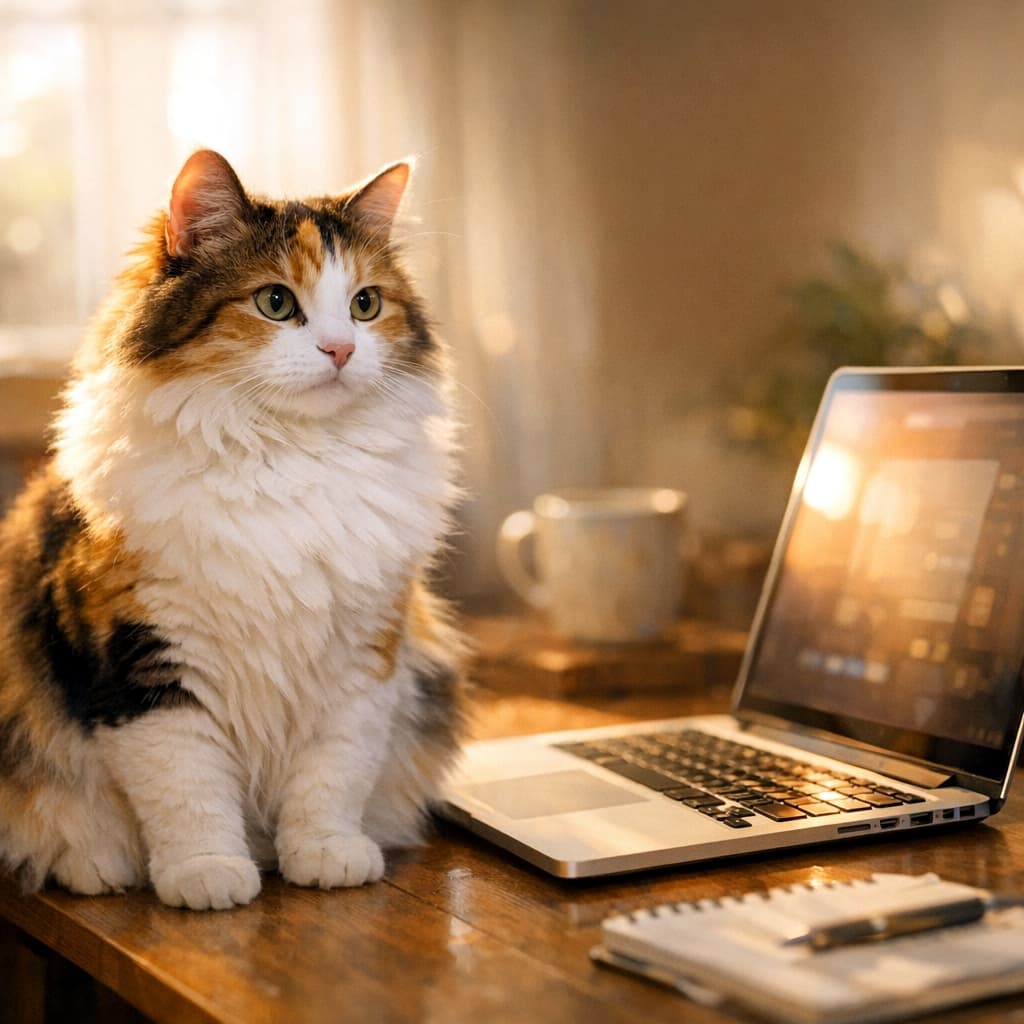 「朝の光の中で、ふわふわ三毛猫ちゃんと一緒にお仕事🐾💻 光るラップトップの横で、穏やかな時間が流れるニャ💕」A photorealistic photograph of a fluffy, long-haired calico cat sitting on a wooden desk. Next to it on the right is a glowing, open laptop. Soft, warm morning sunlight streams through a window, with a blurred indoor background and notebook with pen in the foreground. Cozy and gentle atmosphere. Highly detailed. 木のデスクに座るふわふわの長毛の三毛猫。右隣には光る開いたラップトップがあり、窓から柔らかく暖かい朝の光が差し込んでいる。背景の室内はぼやけており、前景にはノートとペンが置かれている。居心地が良く穏やかな雰囲気。高精細。フォトリアル