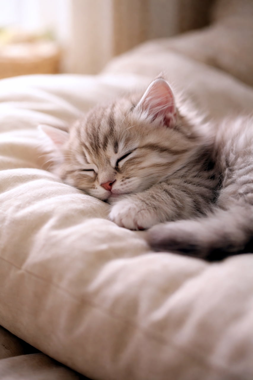 「天使の寝顔にキュン👼💕 ふかふかクッションでお昼寝中の子猫ちゃん。柔らかな光に包まれた極上の癒やしです🐈💤」An ultra-realistic, high-quality vertical photograph of a fluffy tabby kitten sleeping peacefully on a soft beige cushion. Bathed in warm, soft natural lighting coming from a window, the kitten's fluffy fur and tiny paw are highlighted, capturing a gentle, cozy, and relaxing moment. 超高画質な縦構図写真。窓から差し込む柔らかな自然光の中、ふかふかのベージュ色のクッションの上で、長毛のキジ白の子猫が目を閉じて安らかに眠っている。フワフワの毛並みとちょこんと出た小さな前足が愛らしい、温かく穏やかな癒やしの情景