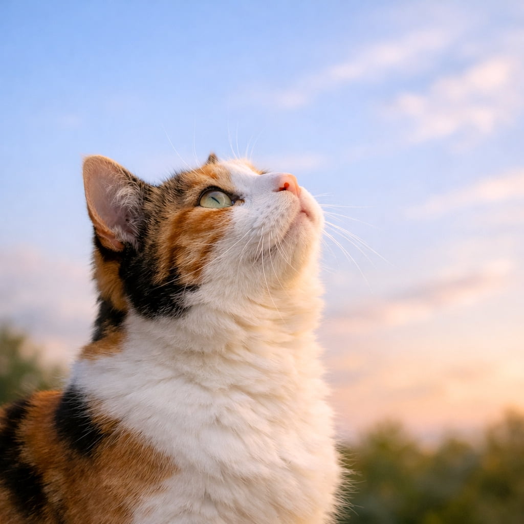「お空に何があるのかな？✨ 綺麗なパステルカラーの空を見上げる、ふかふか三毛猫ちゃんの横顔に胸キュン💕」A photorealistic square photograph of a calico cat in a close-up portrait, looking up. The background is a soft, blurred sky with pastel blue and pink hues of a sunset or sunrise. Soft natural light beautifully illuminates the cat's face. 写実的な正方形の写真。三毛猫の顔と胸元のクローズアップ。猫は上をじっと見上げている。背景には青や薄ピンク色に染まった夕暮れ時（または朝焼け）の空がぼやけて写っており、柔らかい自然光が猫の顔を美しく照らしている