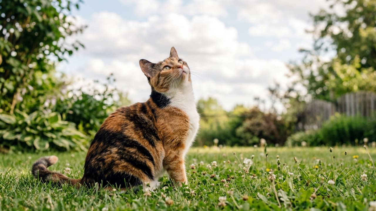 「お庭の芝生でのんびり日向ぼっこ🐾 シロツメクサの咲くお庭で、流れる雲をじっと見上げる三毛猫ちゃんに癒やされる🍀」A photorealistic horizontal photograph of a calico cat sitting on a green grassy lawn with white clovers, looking up at the sky. The background features trees, lush bushes, a wooden fence, and a blue sky with white clouds. Bathed in soft natural daylight. 写実的な横長写真。シロツメクサが咲く緑の芝生の上に座る三毛猫が、空を見上げている。背景には木々や茂み、木製の柵があり、青空には白い雲が浮かんでいる。日中の柔らかい自然光に包まれた穏やかな庭の風景