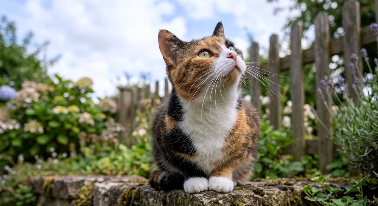 「お庭をお散歩中、空に何を見つけたのかな？☁️✨ 自然の光に照らされた三毛猫ちゃんの横顔に癒される🐈💕 #三毛猫 #お散歩猫 #猫のいる暮らし」Ultra-realistic high-quality landscape photograph of a calico cat sitting on a stone wall in a lush garden, looking up at the sky. The background features a softly blurred wooden fence and plants under natural daylight. 緑豊かな庭の石垣の上に座り、空を見上げる三毛猫。背景には木製の柵や草花が自然にぼけて写っている。毛並みや長いヒゲが柔らかい自然光に照らされた、横長の高画質写真