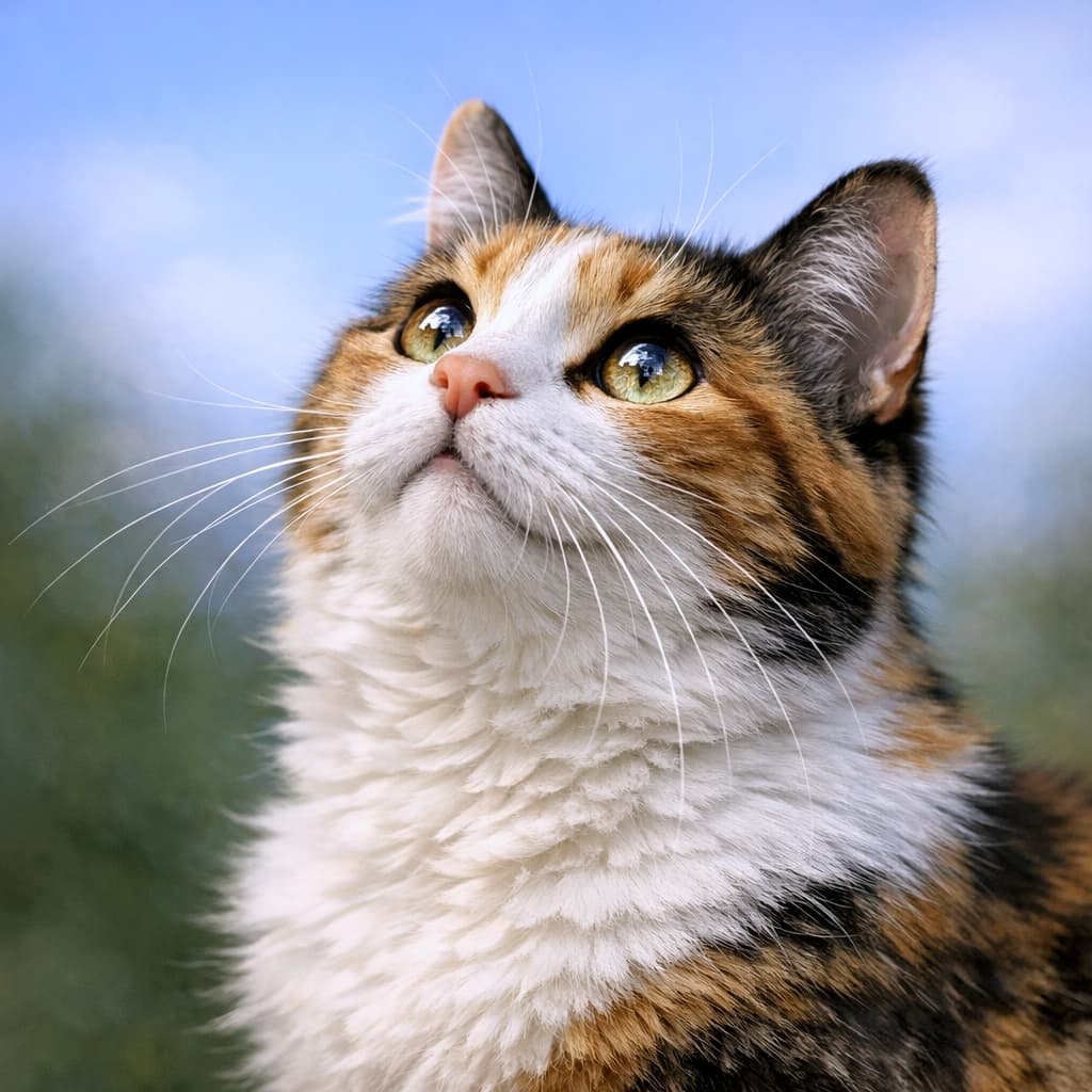 「キラキラのおめめで空を見上げる三毛猫ちゃん🥺✨ ふわふわの胸毛と立派なおヒゲもたまらないっ！☁️💕 #三毛猫 #美猫 #ねこすたぐらむ」Ultra-realistic high-quality square photograph featuring a close-up of a calico cat looking up at the sky. Showcases a beautiful catchlight in its eyes, long delicate whiskers, and highly detailed fur texture against a blurred background. 青空を背景に、上を見上げる三毛猫の顔の美しいクローズアップ。瞳に反射する輝く光（キャッチライト）、長く繊細なヒゲ、ふわふわの胸毛の質感が精細に描写された正方形の高画質写真