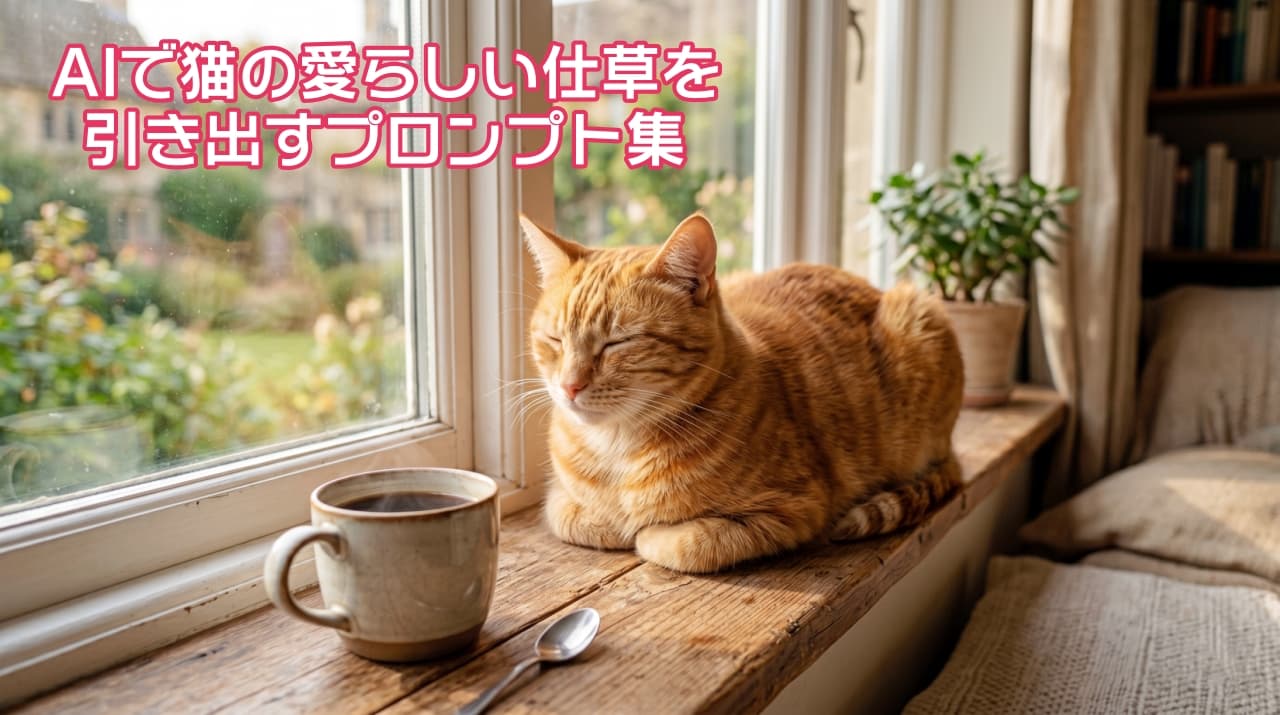 「温かいコーヒーと、ぽかぽか窓辺でウトウトする猫ちゃん…☕️🐈 完璧な香箱座りでくつろぐ姿を見ているだけで、心がスッと軽くなりますね🌿✨ 今日も穏やかな一日になりますように！ #猫のいる暮らし #モーニングコーヒー #茶トラ #香箱座り #癒しの時間」Ultra-realistic high-quality horizontal photograph of an orange tabby cat loafing perfectly on a sunlit wooden windowsill with its eyes closed in contentment. A warm cup of coffee and a spoon are placed nearby. The window looks out onto a lush garden and charming houses, creating a gentle, cozy morning atmosphere. 柔らかい朝の光が差し込むアンティーク調の木製の窓辺で、目を閉じて完璧な香箱座りをしてくつろぐ茶トラ猫の横長の高画質写真。猫のすぐ隣には、温かいコーヒーが入った陶器のマグカップとスプーンが置かれている。窓の外には緑豊かな庭園とヨーロッパ風の建物が見え、穏やかで居心地の良い雰囲気が漂っている