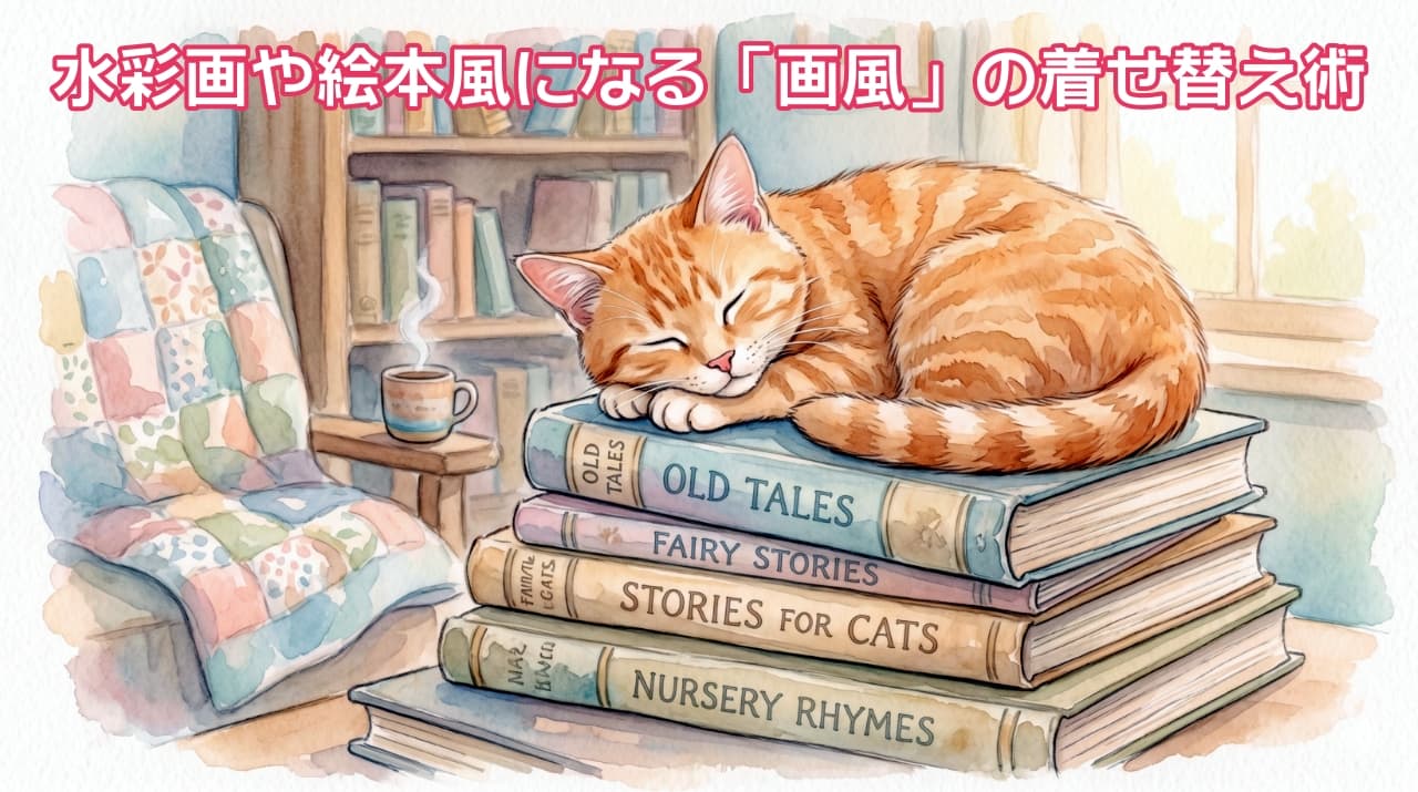 「「猫のための物語（STORIES FOR CATS）」の上で、どんな素敵な夢を見ているのかな？📚🐈 パステルカラーの優しい水彩画タッチで描かれた、お昼寝中の茶トラちゃん☕️🌿 湯気の立つコーヒーと温かいキルト…完璧に整った絵本のような世界観に、心からほっこり癒やされます✨ #水彩画 #猫イラスト #読書と猫 #絵本の世界 #癒しの時間」Horizontal watercolor-style illustration of a gentle ginger cat sleeping on a stack of old books with readable titles such as "OLD TALES," "FAIRY STORIES," "STORIES FOR CATS," and "NURSERY RHYMES." The cozy room features a bookshelf, a chair with a patchwork quilt, and a steaming mug. Painted in soft pastel colors, capturing a heartwarming children's book illustration style. パッチワークキルトがかかった椅子や本棚がある居心地の良い部屋で、積み上げられた古い本の上で丸まって眠る茶トラ猫を描いた横長の水彩画イラスト。本には「OLD TALES」「FAIRY STORIES」「STORIES FOR CATS」「NURSERY RHYMES」とタイトルが書かれている。パステルカラーの柔らかいタッチで、絵本のような温かい雰囲気が漂っている