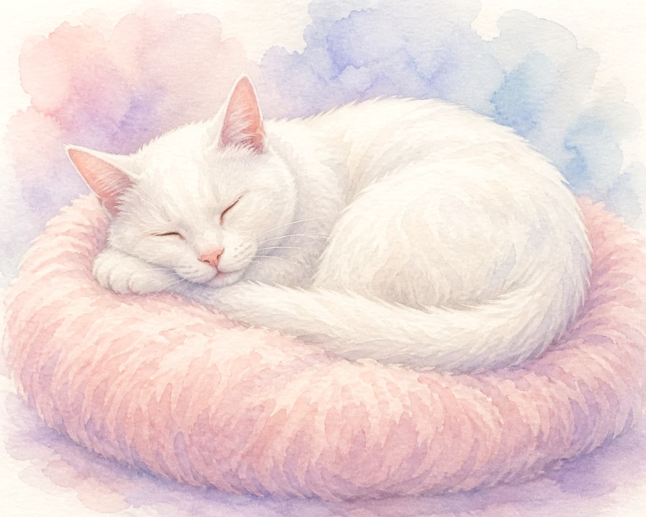 「ふわふわのクッションに包まれて、どんな夢を見ているのかな？☁️🐈 パステルカラーの優しい水彩画タッチで描かれた白猫ちゃんのお昼寝姿に、一日の疲れがスッと溶けていきます…🌙✨ 皆様も穏やかな夜をお過ごしくださいね。 #水彩画 #猫イラスト #白猫 #パステルカラー #癒しのアート」A gentle watercolor-style illustration of a white cat sleeping curled up on a fluffy, pale pink circular cushion. The background features a soft wash of pastel colors, including pink, purple, and blue, with beautiful watercolor bleeding effects, creating a dreamy and peaceful atmosphere. 淡いピンク色のふわふわとした丸いクッションの上で、体を丸めて気持ちよさそうに眠る白猫を描いた、優しい水彩画タッチのイラスト。背景にはピンク、紫、水色のパステルカラーが水彩絵の具のにじみ表現でふんわりと広がっており、全体的に柔らかく夢のような雰囲気に包まれている