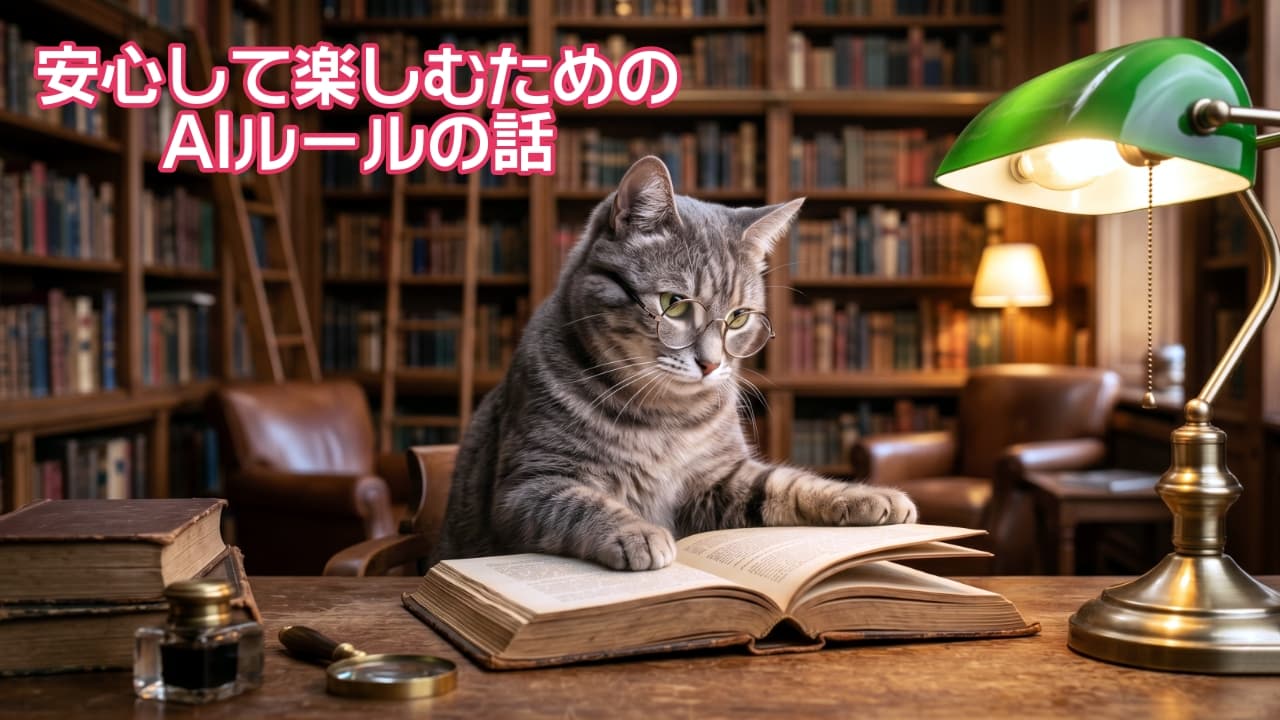 「賢そうなキジトラ猫ちゃん、眼鏡をかけて古書を熱心に読書中🐾 緑色のランプの光が暖かくて、居心地良さそう💕」A photorealistic photograph of a smart gray tabby cat wearing round glasses, sitting at a wooden desk and carefully reading a large old book. The cat has its front paws on the open pages. A warm green-shaded desk lamp illuminates the scene from the right. The background is a cozy library with floor-to-ceiling bookshelves filled with books, leather chairs, a ladder, and another small lamp. High detail. グレーのキジトラ猫が丸い眼鏡をかけ、木製のデスクで大きな古書を熱心に読んでいる。猫は両前足を本に置き、ページをめくっている。デスクの右側には緑色のシェードの暖かいランプが点灯し、シーンを照らしている。背景には天井まで続く本棚がぎっしり詰まった居心地の良い図書館が広がり、革張りの椅子、はしご、別の小さなランプが見える。高いディテールで描写されている