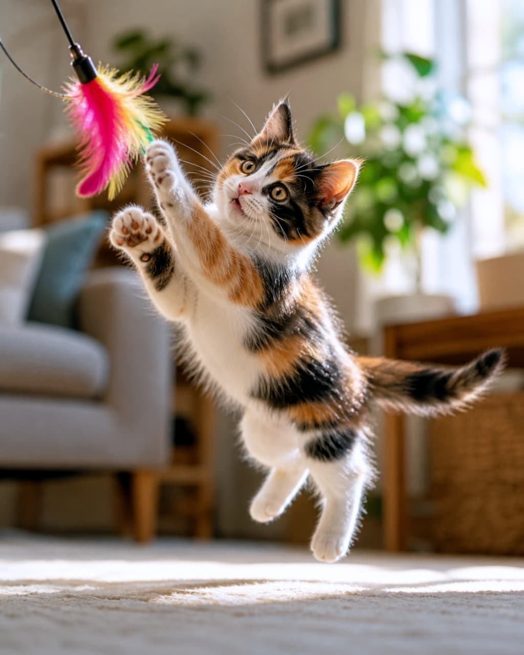 「「えいっ！つかまえるニャ！🐾💨」 朝の光を浴びながら、カラフルな羽のおもちゃに向かって全力ジャンプ！🐈✨ ふわふわの毛並みが光に透けてキラキラ輝く、奇跡の一瞬です🥺💕 今日も一日、元気いっぱいに過ごしましょう🌿 #子猫 #三毛猫 #猫のいる暮らし #ジャンプ猫 #奇跡の一枚」Ultra-realistic high-speed portrait photograph of a cute calico kitten jumping energetically mid-air to catch a colorful feather toy in a cozy living room. The kitten has bright catchlights in its eyes, and soft morning sunlight beautifully highlights its detailed fur texture. The background features a shallow depth of field with beautiful bokeh. 朝の光が差し込むリビングルームで、空中にジャンプしてカラフルな羽の猫じゃらしを両前足で捕まえようとしている三毛猫の子猫の縦長写真。瞳には明るいキャッチライトが入り、逆光によってフワフワの毛並みが輪郭立って輝いている。背景は浅い被写界深度で美しくボケており、高速度撮影のようなシャープな躍動感がある