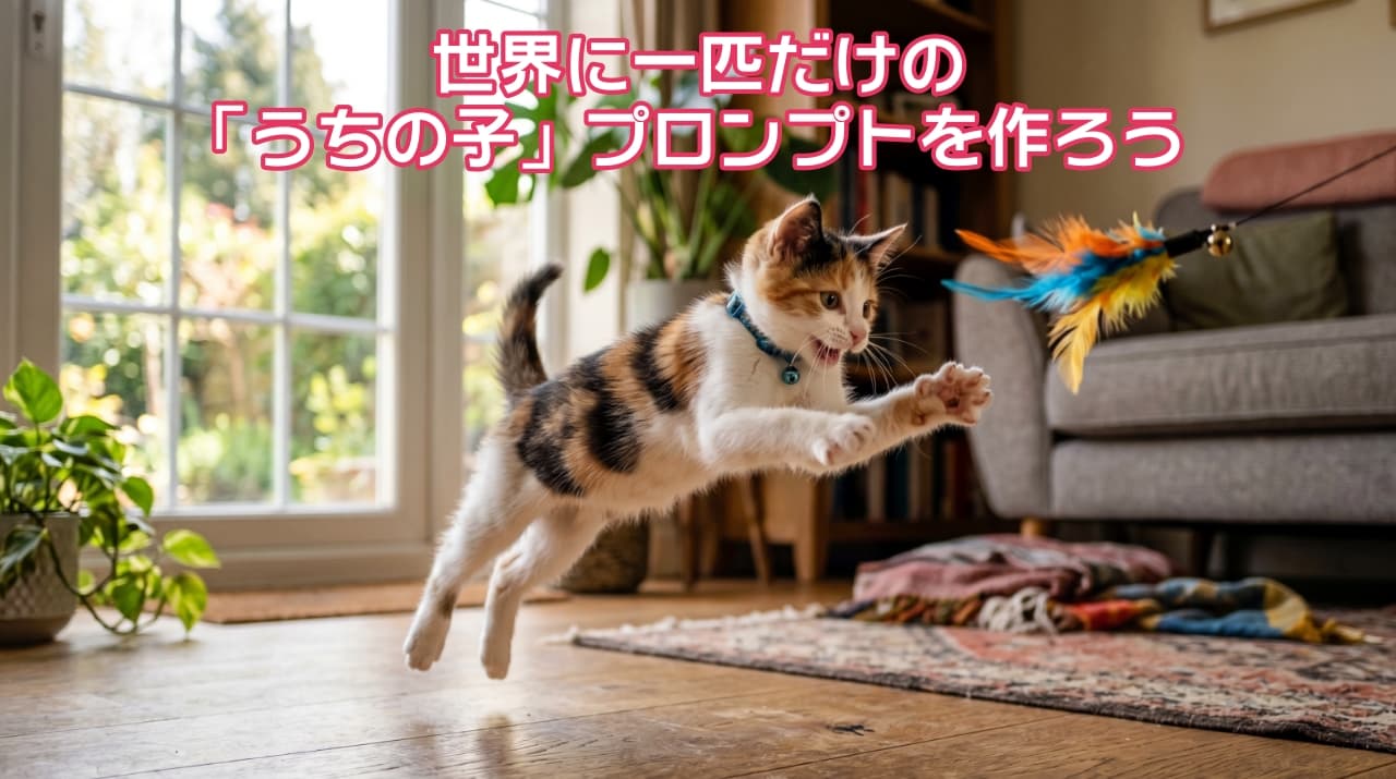 「「そぉい！！🐾💨」 カラフルな羽のおもちゃに向かって、渾身の大ジャンプ！🐈✨ 全身のバネを使った見事な飛行姿勢と、必死なお顔がたまらなく可愛いですね💕 今日も元気いっぱいに遊んで、健やかに育ちますように🌿 #子猫 #三毛猫 #猫のいる暮らし #ジャンプ猫 #躍動感」Ultra-realistic high-speed horizontal photograph of a cute calico kitten jumping energetically mid-air to catch a colorful feather toy in a cozy living room. The kitten has its front paws stretched out and mouth slightly open. Soft morning sunlight streams through the window, creating beautiful bokeh in the background with a shallow depth of field. 柔らかな朝の光が差し込むリビングルームで、カラフルな羽の猫じゃらしに向かって空中にジャンプしている三毛猫の子猫の横長写真。前足をいっぱいに伸ばし、口を少し開けておもちゃに夢中になっている様子が、高速度撮影のようなシャープさで捉えられている。背景には窓や植物、ソファがあり、浅い被写界深度で美しくボケている