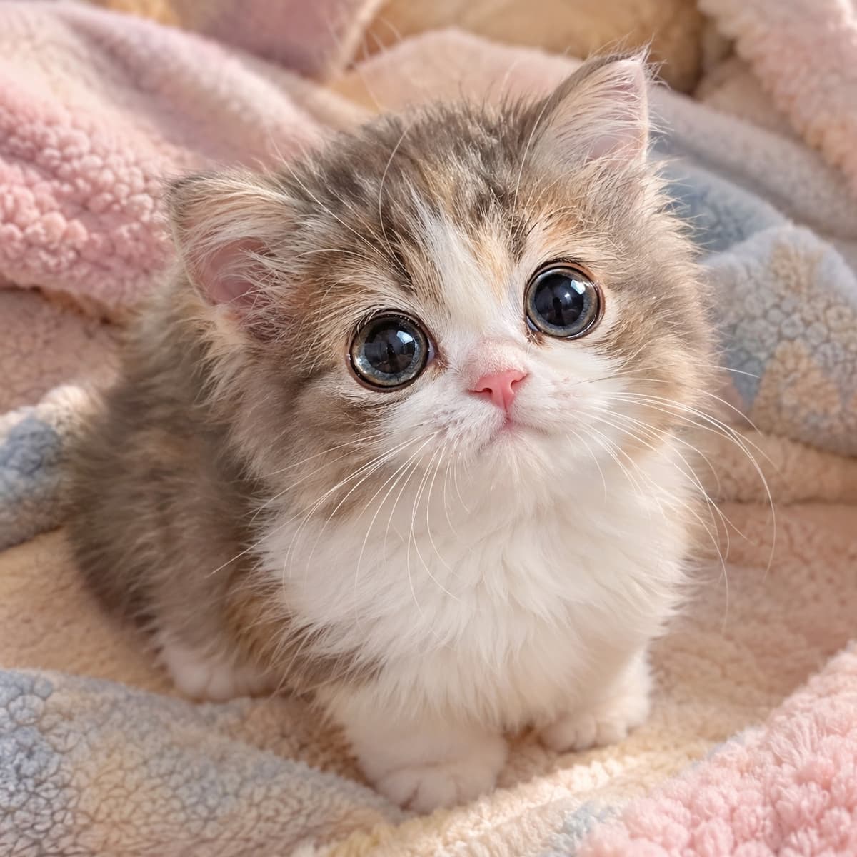 「キラキラ輝く大きなおめめでじっと見つめられたら、もう目が離せないね🌸ふんわり毛布に包まれた癒やしのひととき🐾✨」Ultra-realistic high-quality photograph of a tiny, fluffy Munchkin kitten sitting on a cozy soft pastel blanket. The kitten gazes directly forward with huge, sparkling, pleading eyes. Soft, warm cinematic studio lighting illuminates its dense fur texture, detailed whiskers, and adorable short-legged posture in a serene interior setting. 淡いピンクやブルーの柔らかなパステルカラーのボア毛布の上にちょこんと座り、カメラに向かってまっすぐ上目遣いを向けている短足長毛のマンチカン子猫。パステルボアの起毛感に包まれ、丸く大きく澄んだダークブルーの瞳、小さなピンク色の鼻先、額や顔周りのブラウンタビー＆ホワイトの繊細な毛並みがリアルに描写されている。温かみのあるスタジオライティングが子猫の立体感と透明感を美しく引き立てている