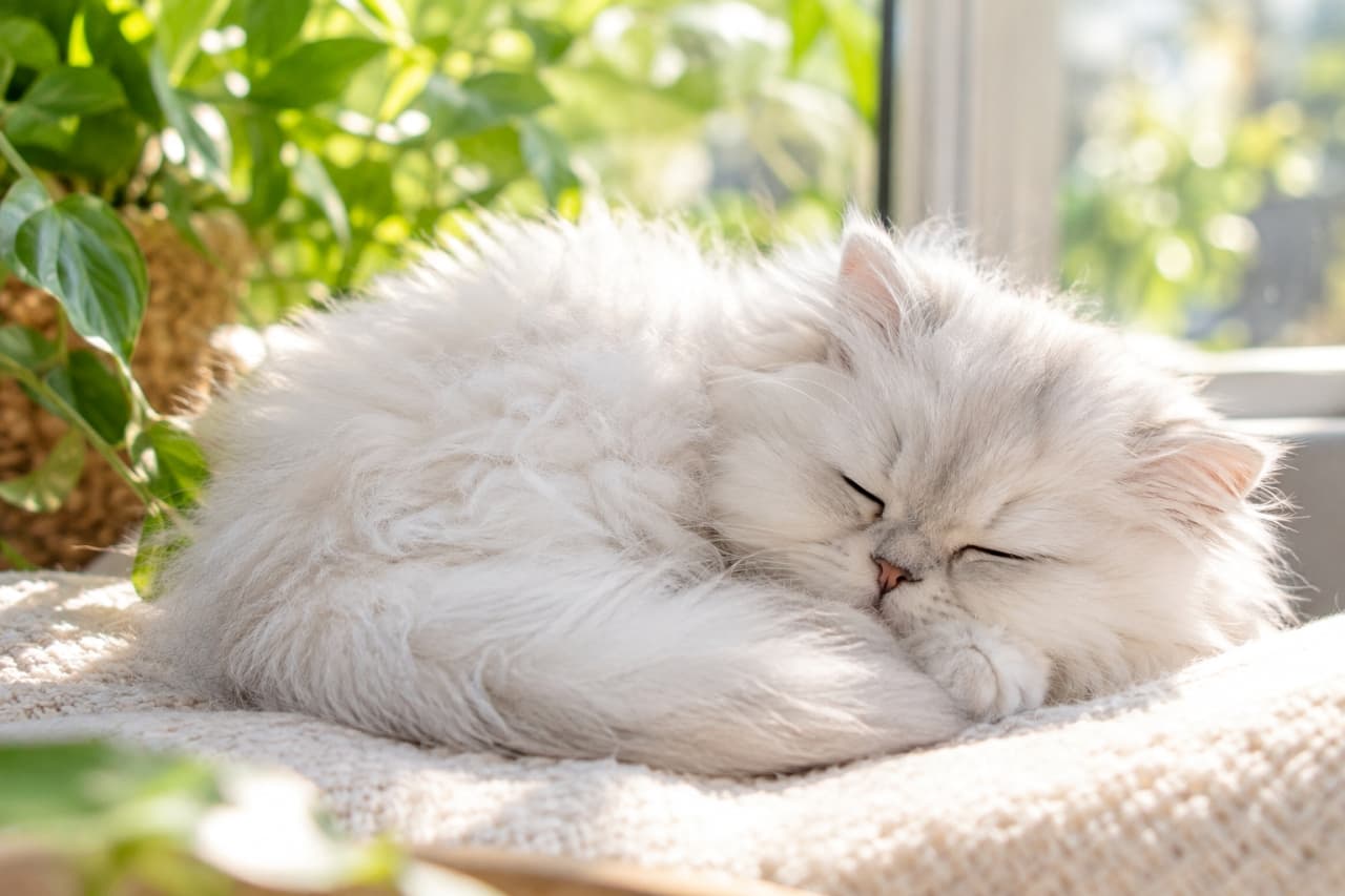 「ぽかぽか日和のおひるねタイム☀️ぬくもりに包まれて眠る姿に、見てるこちらまで心が安らぐね🐾✨」Ultra-realistic high-quality photograph of a fluffy white Persian kitten sleeping peacefully curled up on a soft knit blanket by a sunny window. Bright natural sunlight illuminates its soft long fur and serene face. Fresh green houseplants in the soft-focus background enhance the warm and tranquil atmosphere of the room. 陽光が降り注ぐ窓辺の白いニット生地の上で、体を丸めて気持ちよさそうに眠っている白地にほんのりグレーが入ったペルシャ風の長毛子猫。目を閉じた幸せそうな表情、ふわふわと空気を含んだ長い被毛、小さなピンク色の鼻先が繊細に描写されている。左手前には鮮やかな緑の観葉植物が配置され、明るく暖かな光が背景の窓辺と相まって穏やかな雰囲気を生み出している