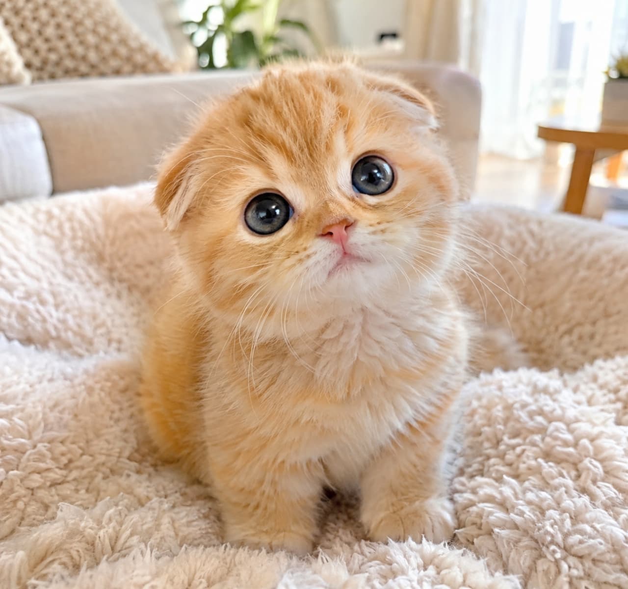 「えっ、あそんでくれるの…？🥺ふかふかベッドの上でじっと上目遣い！無垢な瞳に吸い込まれちゃいそう🐾✨」Ultra-realistic high-quality photograph of a tiny, fluffy red tabby Scottish Fold kitten, approximately one month old. The kitten is sitting on a cozy, soft beige blanket bed, gazing directly upward at the camera with wide, sparkling, large dark eyes. Soft natural light illuminates its folded ears, plush fur, delicate pink nose, and whiskers against a softly blurred background of a warm living room with a sofa and houseplants. 明るく自然光が差し込むリビングルームで、ふかふかしたベージュのボアベッドの上に座り、まん丸で大きな瞳を輝かせて上目遣いでカメラをじっと見つめている、生後1ヶ月ほどの茶トラのスコティッシュフォールドの幼い子猫。折れ耳のシルエットや、柔らかくふわふわとした被毛、小さなピンク色の鼻先や口元、繊細なひげが鮮明に描写されている。背景は暖かみのあるソファや観葉植物が柔らかくボケており、子猫の無垢で愛らしい表情を際立たせている