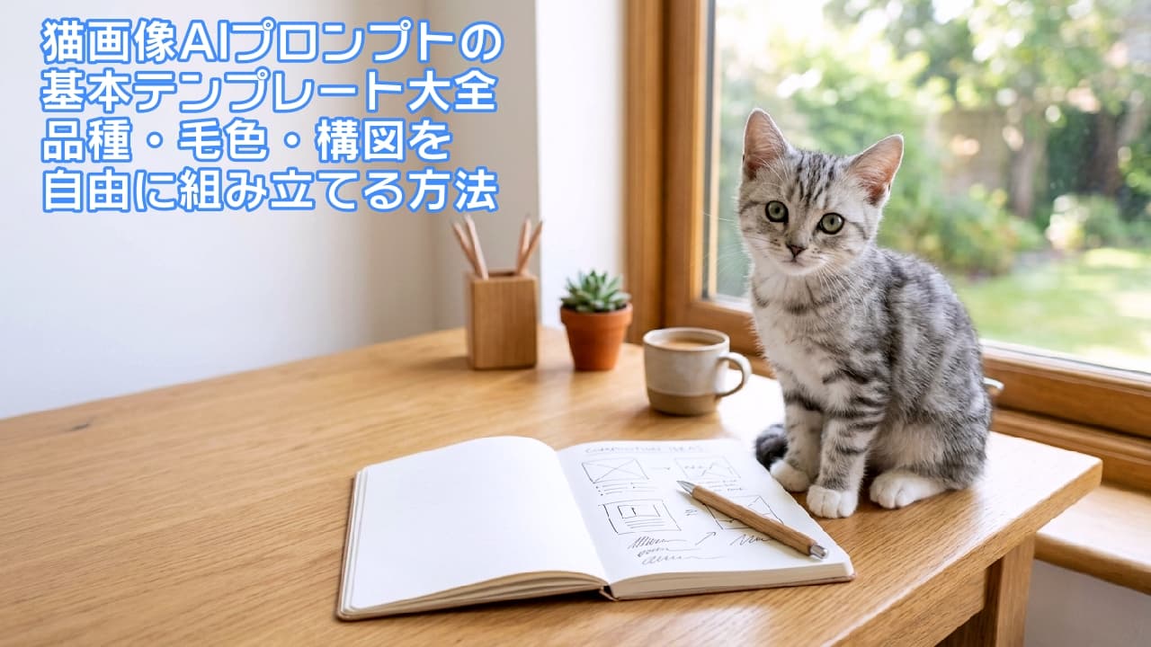 「「今日のアイデア出し担当はお任せニャ！ブレストに付き合ってあげる🐾」デスクのお仕事相棒猫ちゃん💻✨」Ultra-realistic high-quality photograph of an American Shorthair silver tabby kitten sitting on a wooden desk next to an open notebook and wooden pen. The kitten gazes with clear green-hazel eyes in a bright room with warm sunlight streaming through a window. 陽光が差し込む木目調のデスクで、アイデアノートとペンの横にちょこんと座るアメリカンショートヘアと思われるシルバータビーの子猫。透き通ったヘーゼルの瞳でこちらを見つめ、毛並みの縞模様や白い前足が柔らかい光に包まれています。背景には観葉植物やコーヒーカップ、窓の外の緑豊かな庭が見える温もりあふれる室内風景