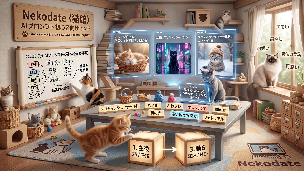 「猫ちゃんたちと一緒にAIプロンプトをマスター！？🐾💡「ねこだて式」で理想の猫画像を叶えよう✨ #猫好き #AIプロンプト」Ultra-realistic high-quality illustration of various cats, including an orange tabby kitten, a calico cat, and a gray cat, interacting with AI prompt elements in a cozy wooden workshop setting with sunlit windows, detailed infographics, glowing blocks, and digital screens. 木の温もりに包まれた明るい部屋で、複数の猫（茶トラの子猫、立ち上がる三毛猫、机に座るグレーのロシアンブルー風、窓辺のラグドール風長毛猫など）が集まり「ねこだて式AIプロンプト」を学んでいる様子。手前の茶トラ子猫が「1. 主役」と書かれた光るブロックに前足をかけ、三毛猫が5要素の解説ボードを指差し、テーブル中央のグレー猫がノートPCとホログラムスクリーンを覗き込んでいます。窓からの柔らかな光とパステル調の小物が散りばめられた、緻密で情景豊かな学習空間です