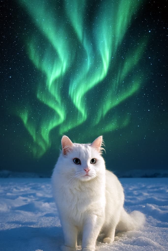 夜空に舞う緑のオーロラと星々の下、雪原に立つ純白のターキッシュアンゴラ猫。幻想的な光に包まれた神秘的な情景