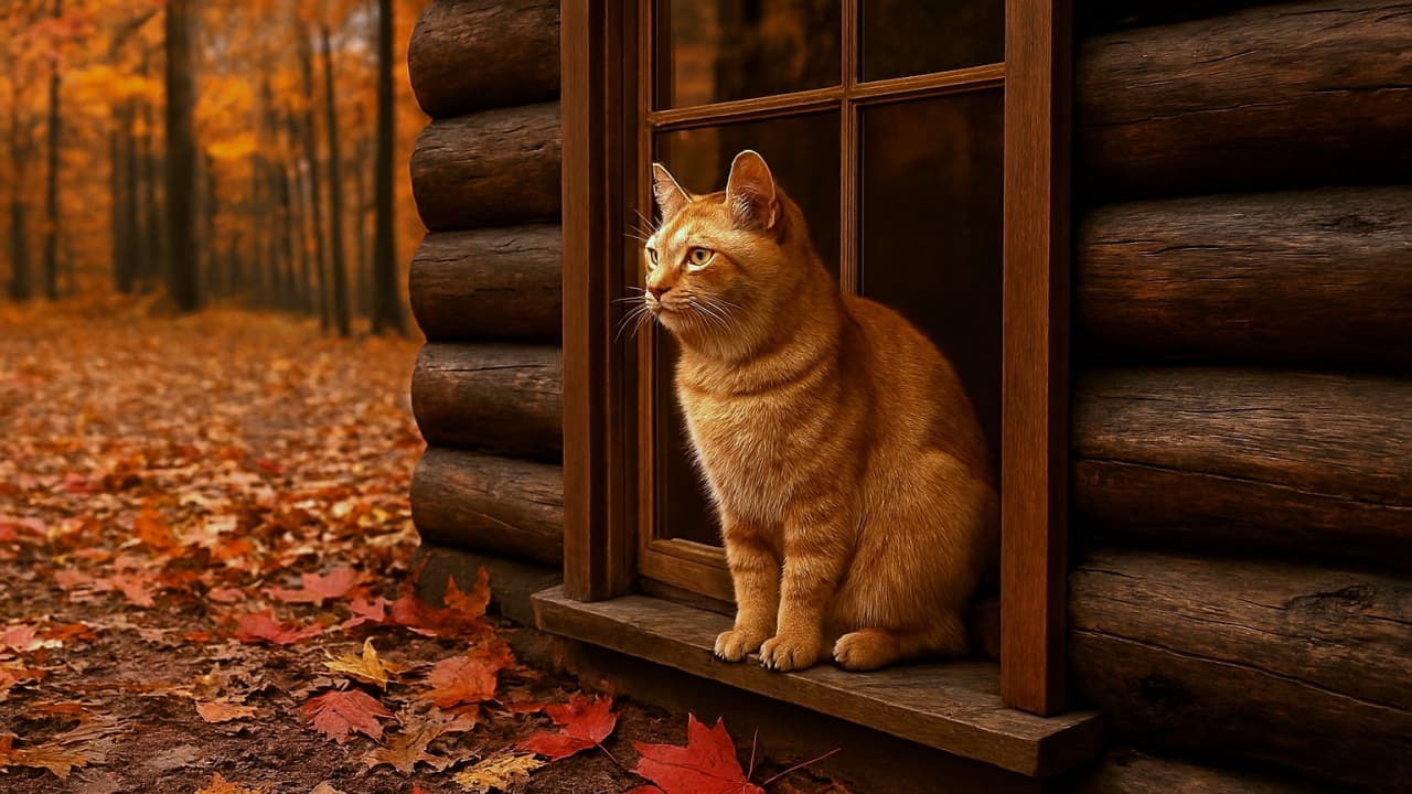 横長構図の写真。木の小屋の窓辺に座る橙色のトラ猫が、赤や黄色の落ち葉に包まれた秋の森を見つめている