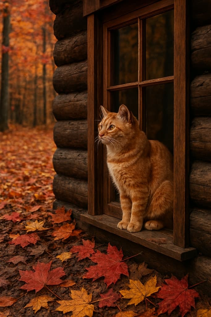 縦構図の写真。木の小屋の窓辺に座る橙色のトラ猫が、赤や黄色の落ち葉に包まれた秋の森を静かに見つめている