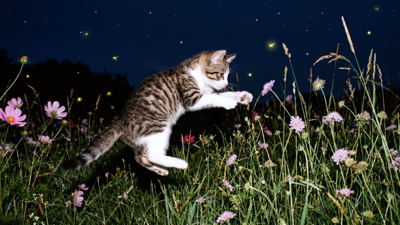 「蛍が舞う幻想的な夜、ちびっ子ハンターが真剣ハント中！🐾✨ 獲物に飛び掛かる瞬間のこの表情、たまらない🥺💕 #子猫 #夜のハンター #蛍」Ultra-realistic high-quality photograph featuring a 2-month-old tabby and white kitten pouncing through a night flower field (cosmos and wild flowers). It's captured mid-air with extended front paws and a focused expression. In the dark sky, firefly-like glowing spots are dancing. Macro photography style. 夜の花畑（コスモスや野花）を舞台に、獲物に向かって鋭くジャンプして飛び掛かる生後2ヶ月のキジ白猫のクローズアップ写真。前足を大きく伸ばし、真剣な眼差しで宙を舞う。暗い夜空には、蛍のような光の粒がぼんやりと舞っている。リアルな写真風の高品質画像